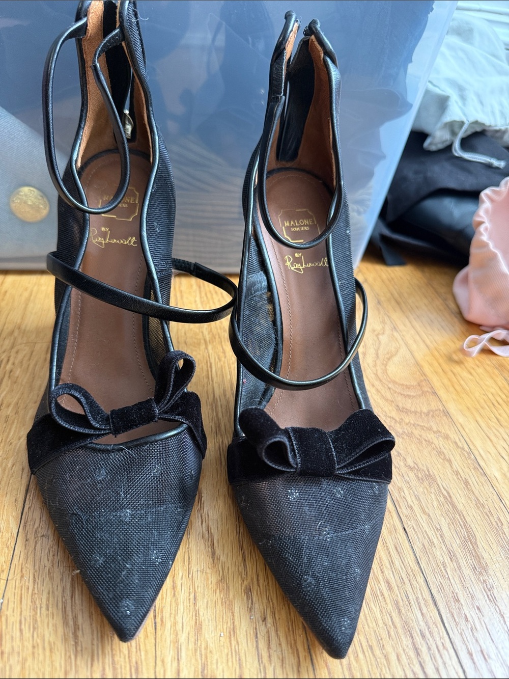 Malone Souliers Black Pointed-Toe Bow Ankle-Strap Pumps